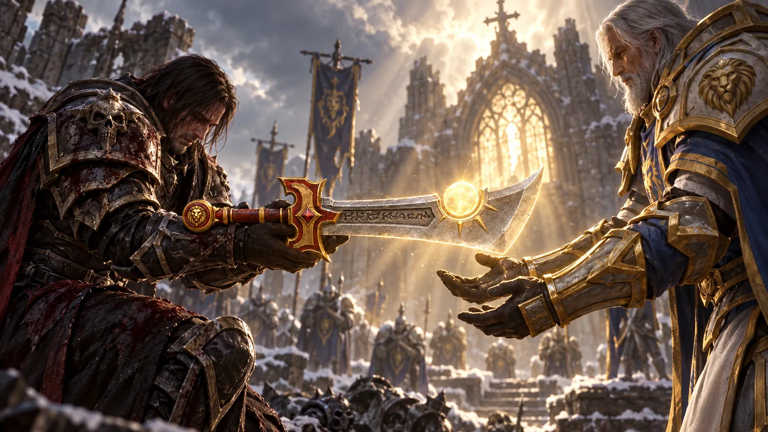 Alexandros Mograine stands with Ashbringer in a dark hall of the Silver Hand