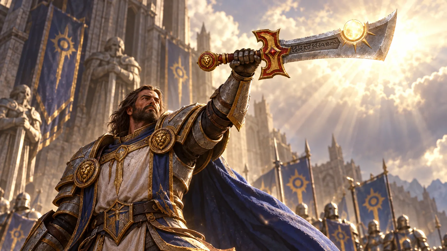 Tirion Fordring raises Ashbringer before the banners of the Silver Hand