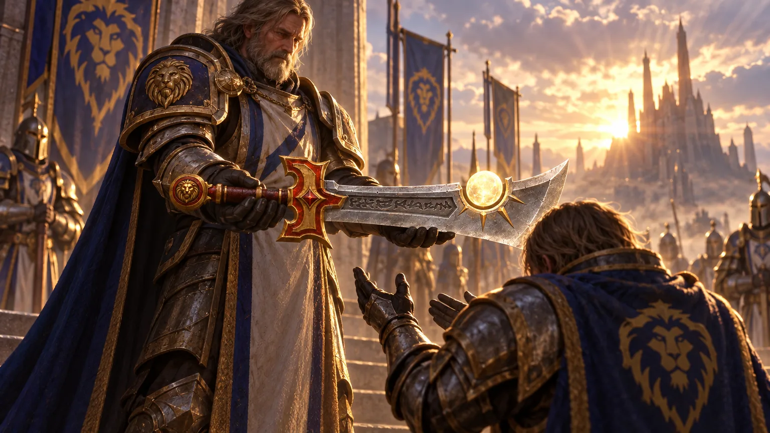 A Champion of the Light carries Ashbringer beneath the banners of the Silver Hand