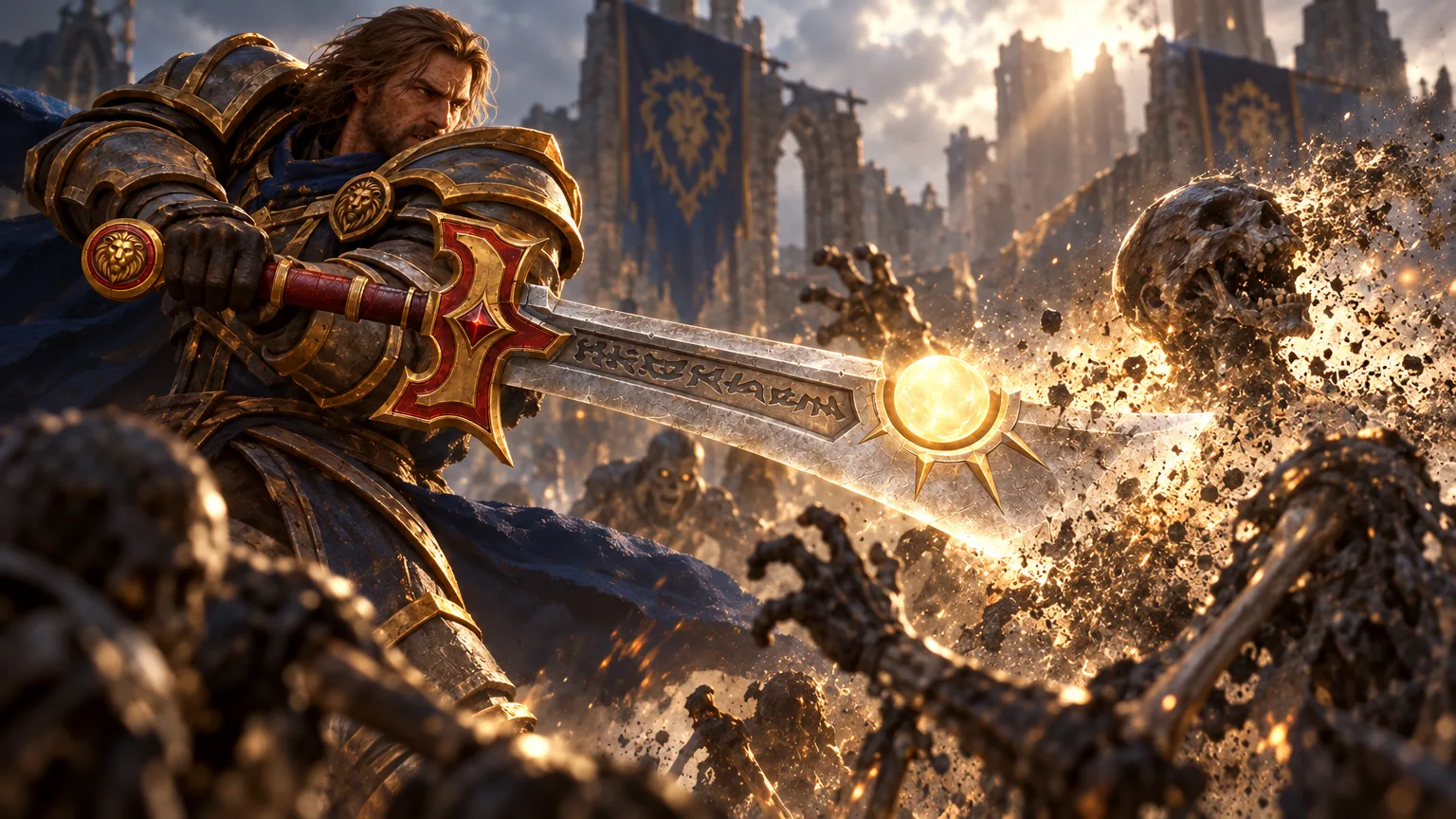 Ashbringer burns with golden Light above a field of defeated undead