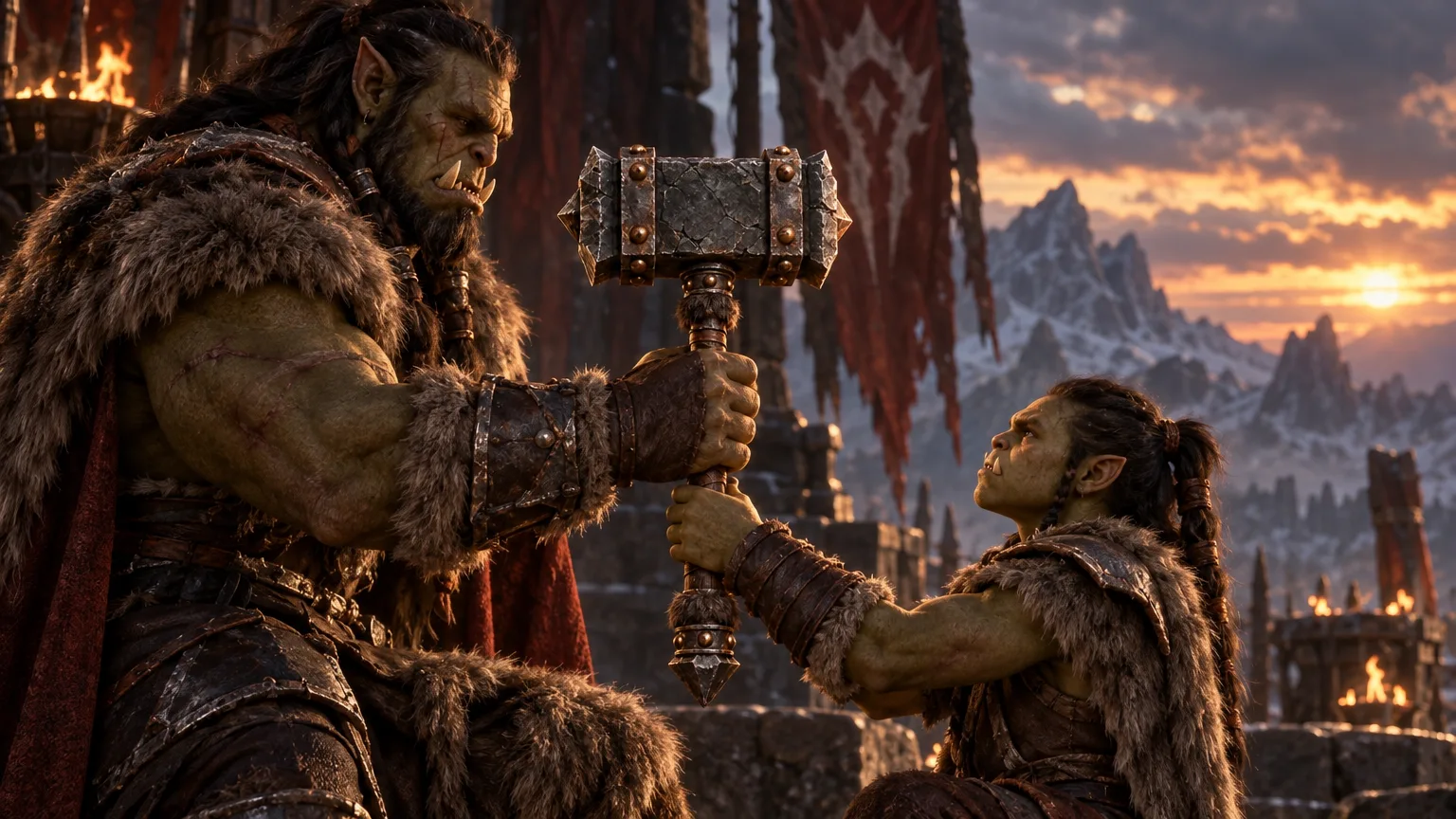 The mortally wounded Orgrim Doomhammer entrusts his weapon to Thrall