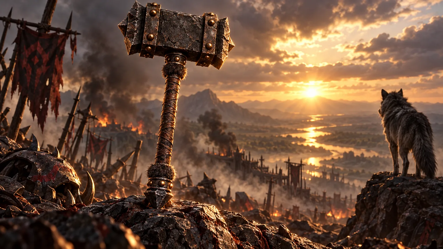 Thrall bears the wolf-marked Doomhammer before the gathered orcs