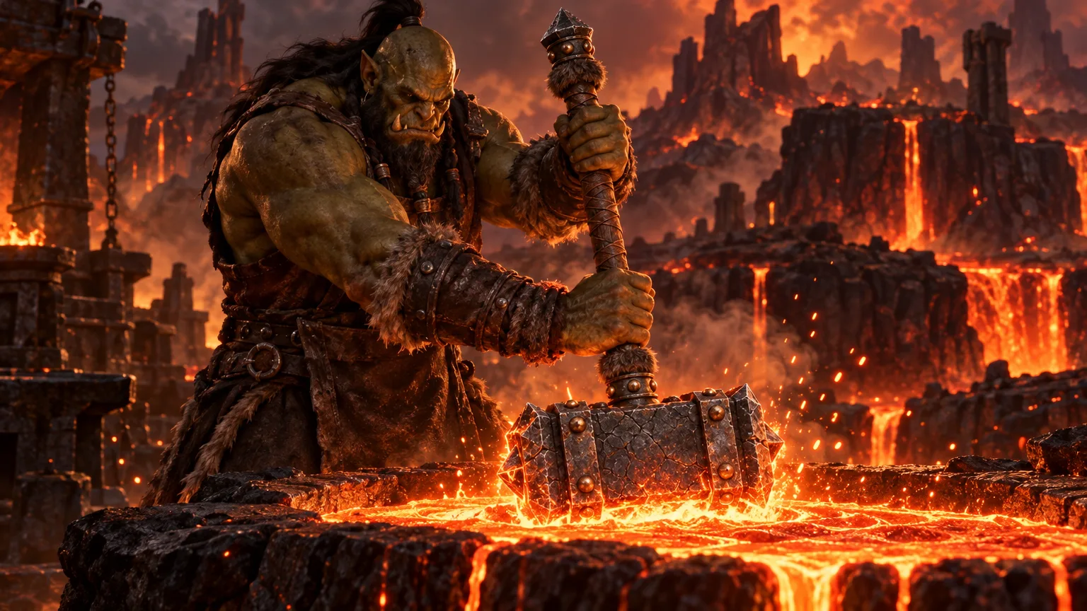 Gelnar raises the newly completed Doomhammer amid fire and lightning on Draenor