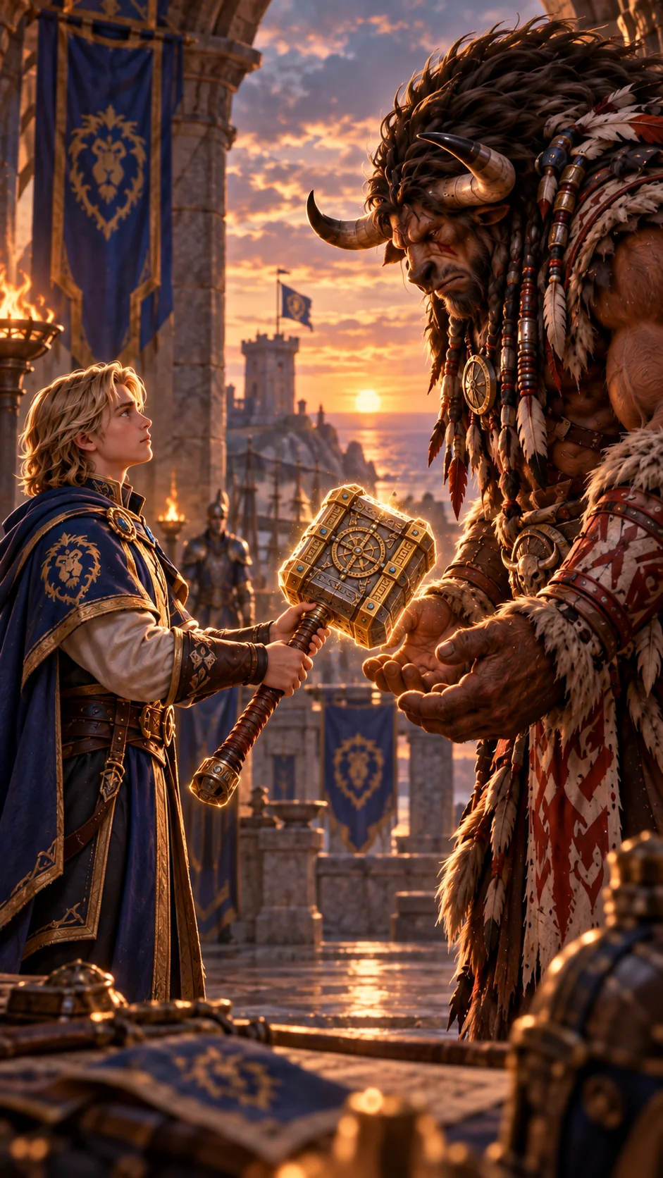 Prince Anduin Wrynn offers Fearbreaker to Baine Bloodhoof