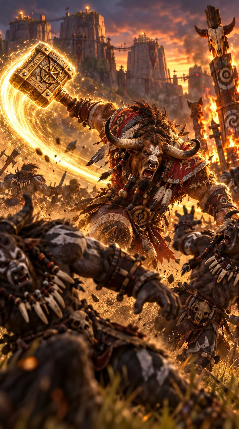 Baine Bloodhoof charges into the battle for Thunder Bluff wielding Fearbreaker