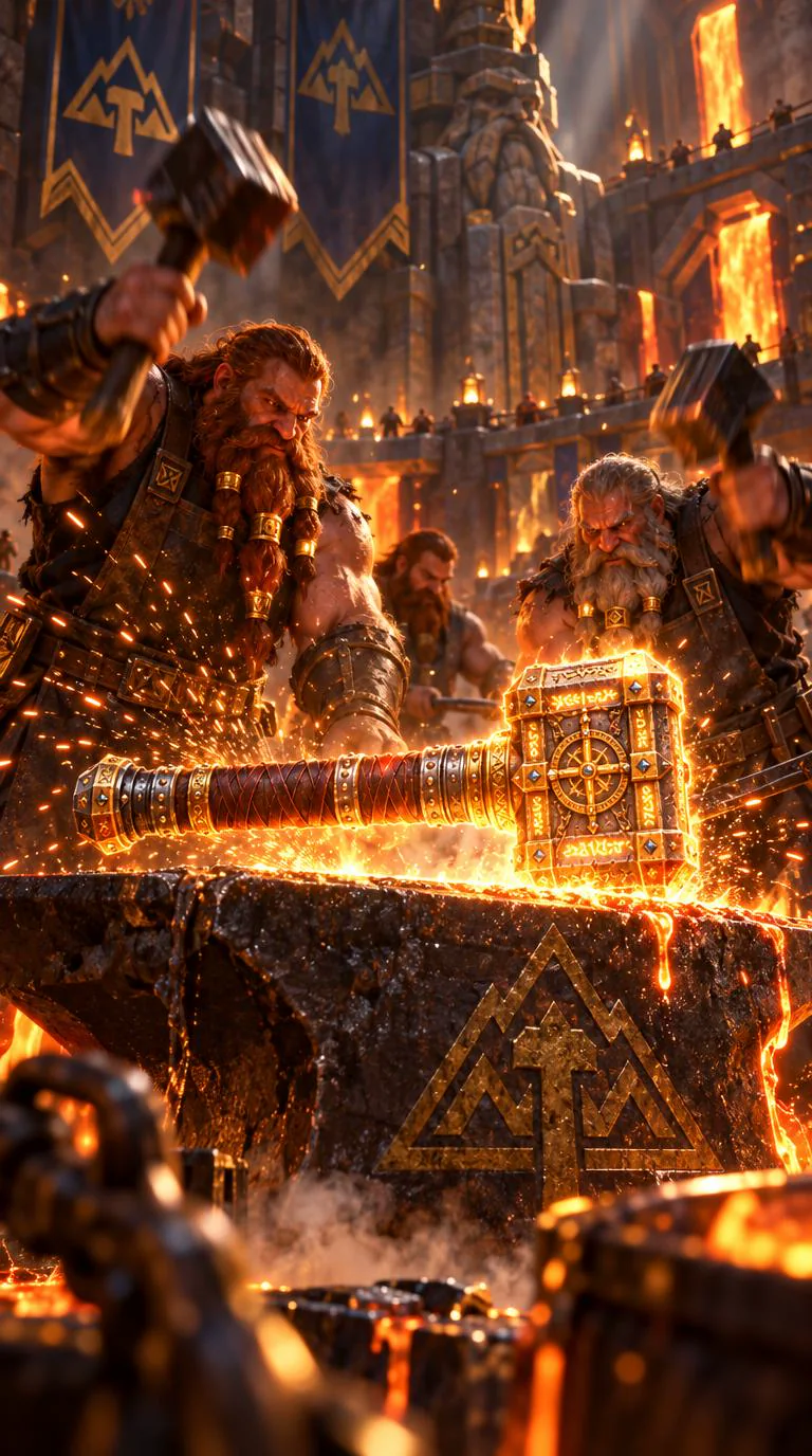 Dwarven smiths forge Fearbreaker on a great anvil