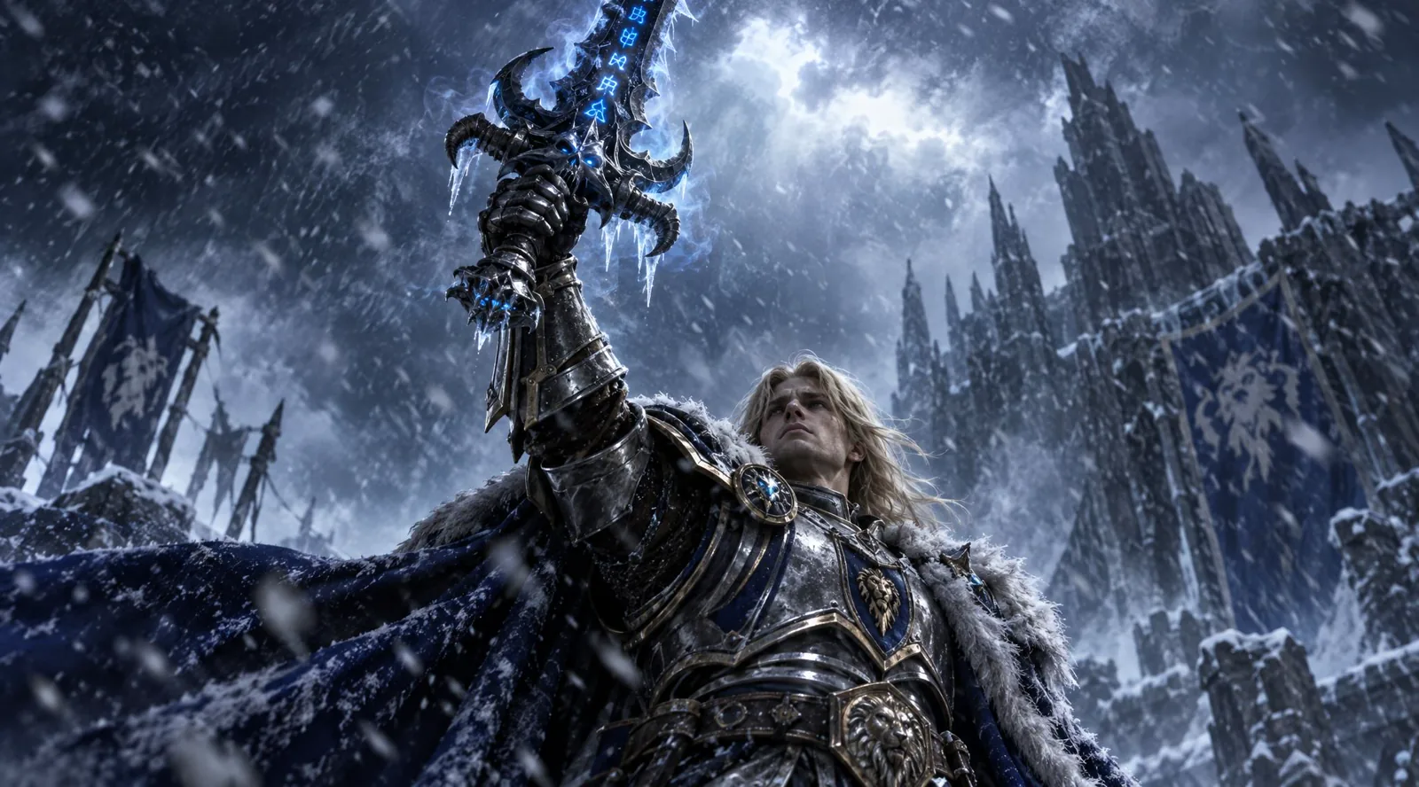 Prince Arthas raises Frostmourne beneath the frozen spires of Northrend