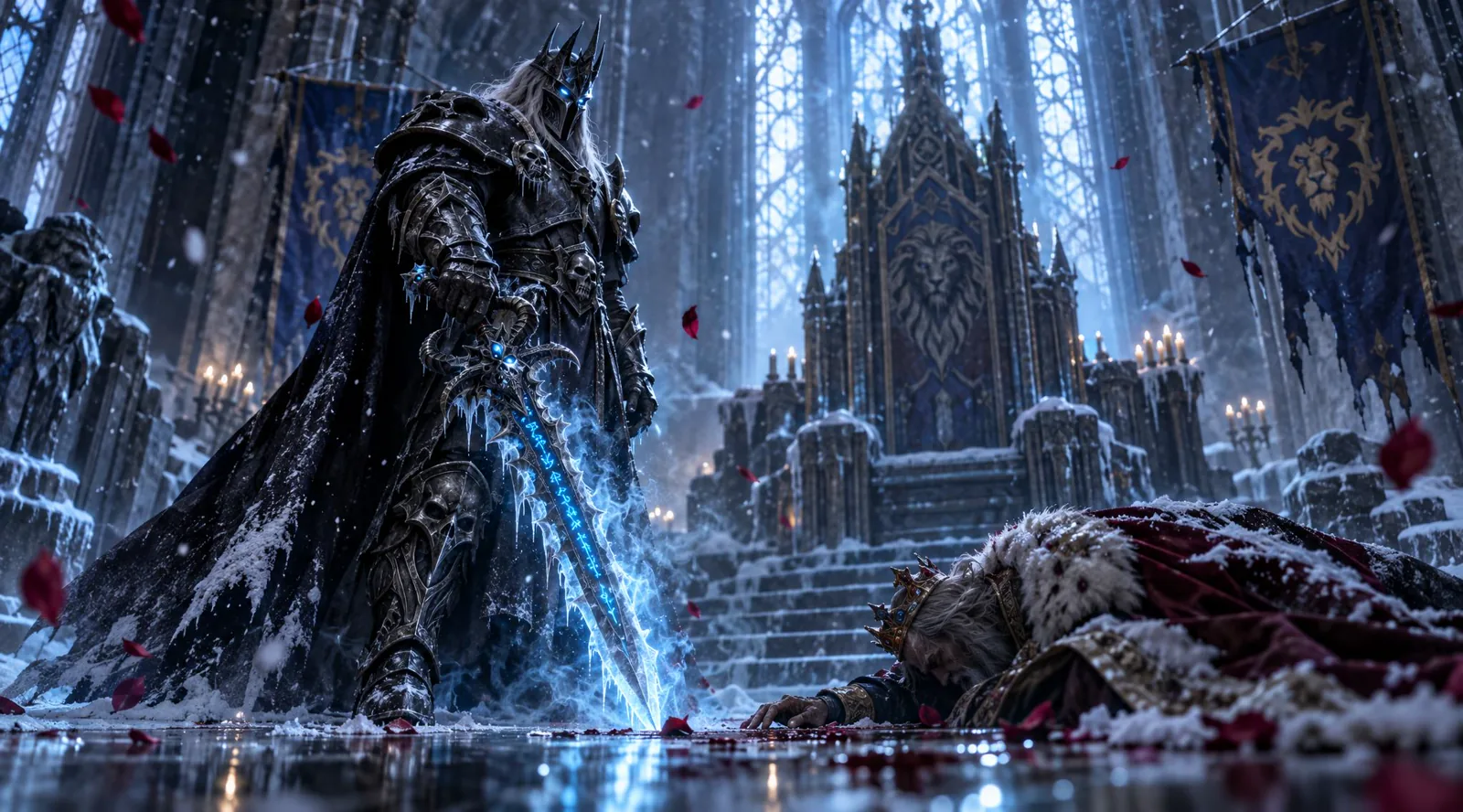 The fallen prince Arthas stands over King Terenas with Frostmourne in Lordaeron's throne room