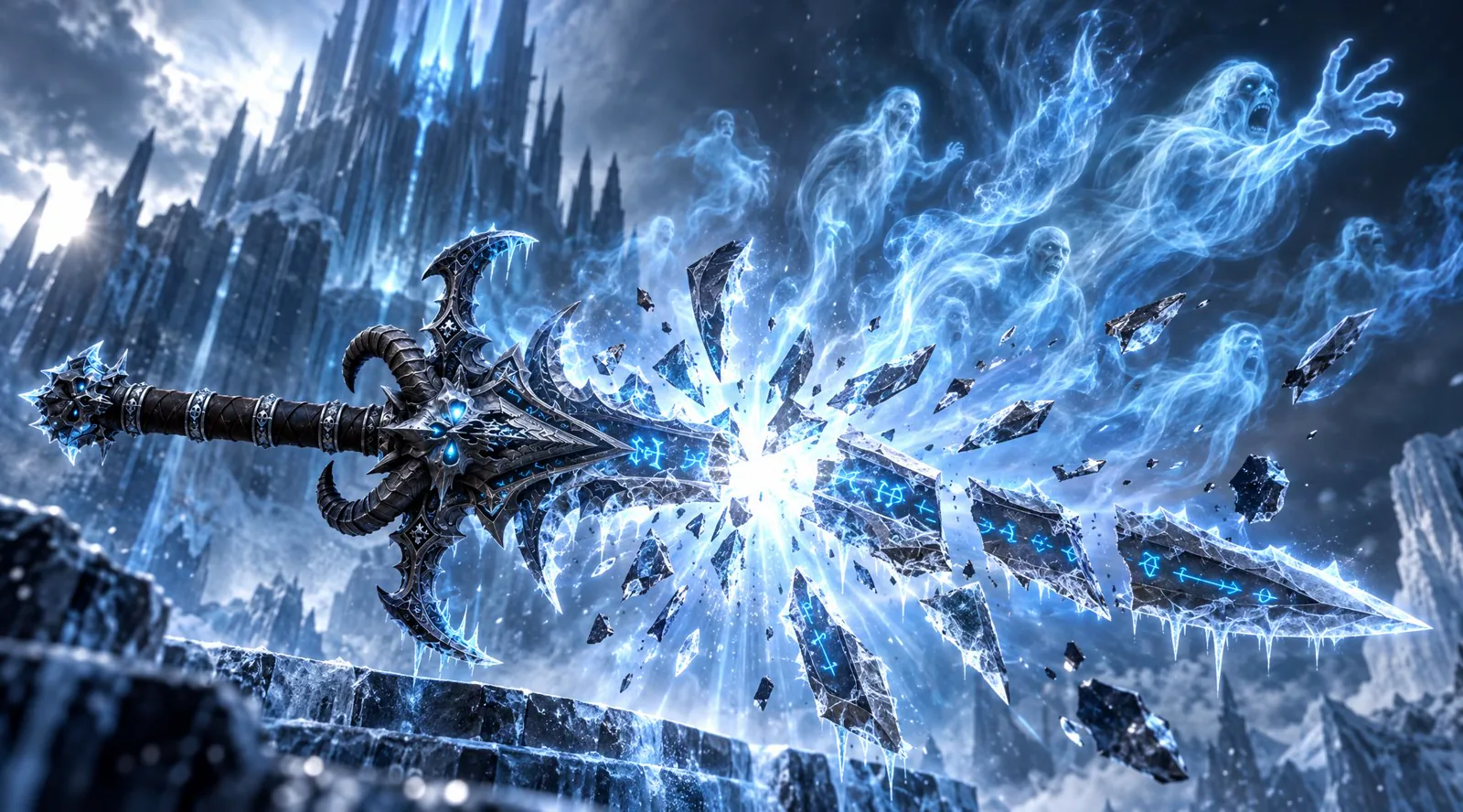 Frostmourne shatters as blue souls escape from the broken runeblade
