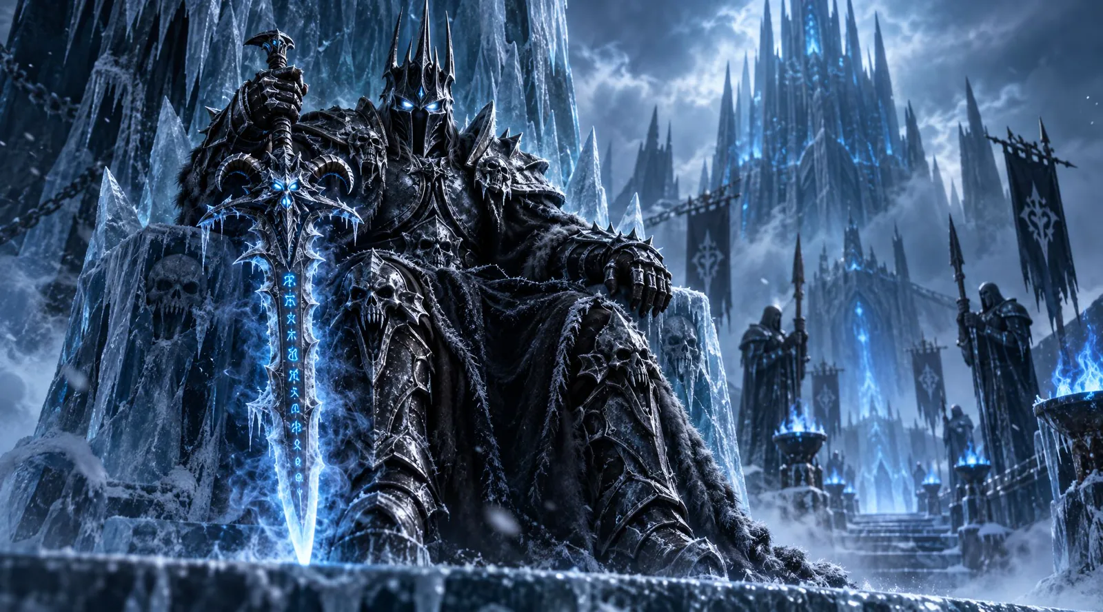 The Lich King sits upon the Frozen Throne with Frostmourne