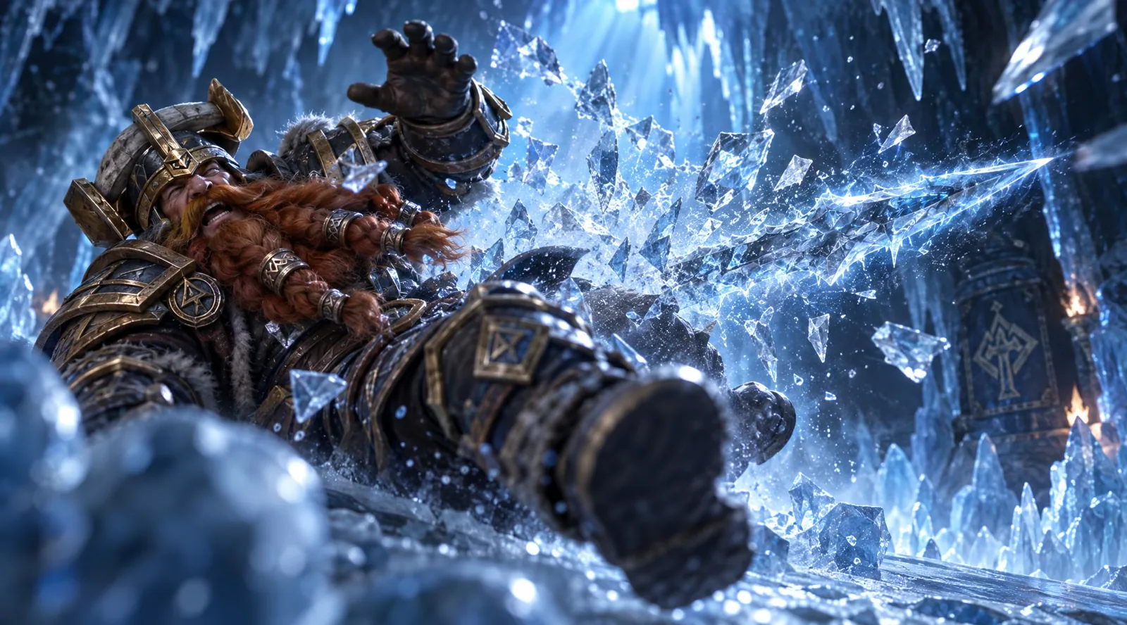 Muradin Bronzebeard is struck amid shattered ice beside Frostmourne