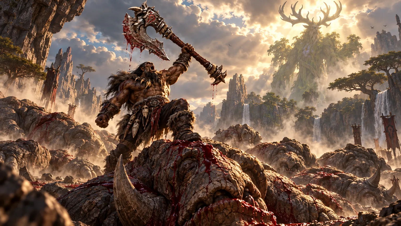 Grommash raises Gorehowl as Cenarius looms over the battlefield
