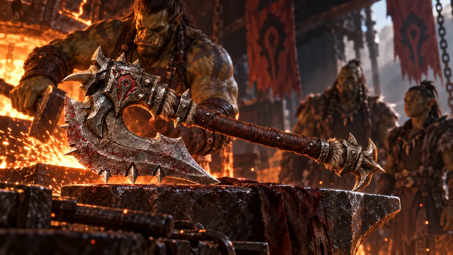 Gorehowl rests on an anvil beneath the banners of the Horde
