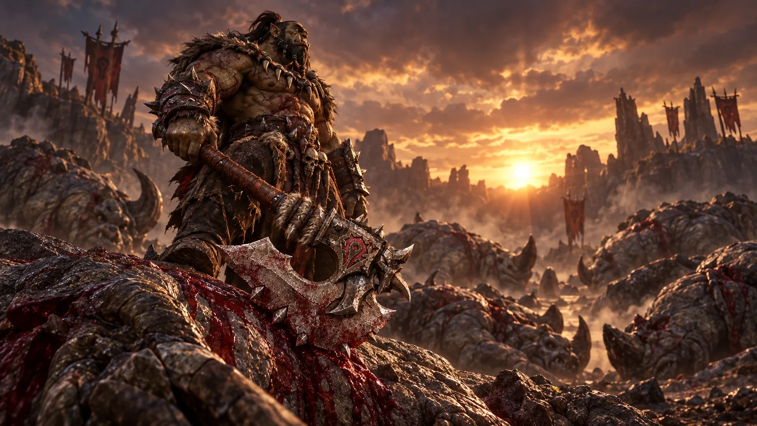A Hellscream surveys a field of fallen gronn with Gorehowl in hand