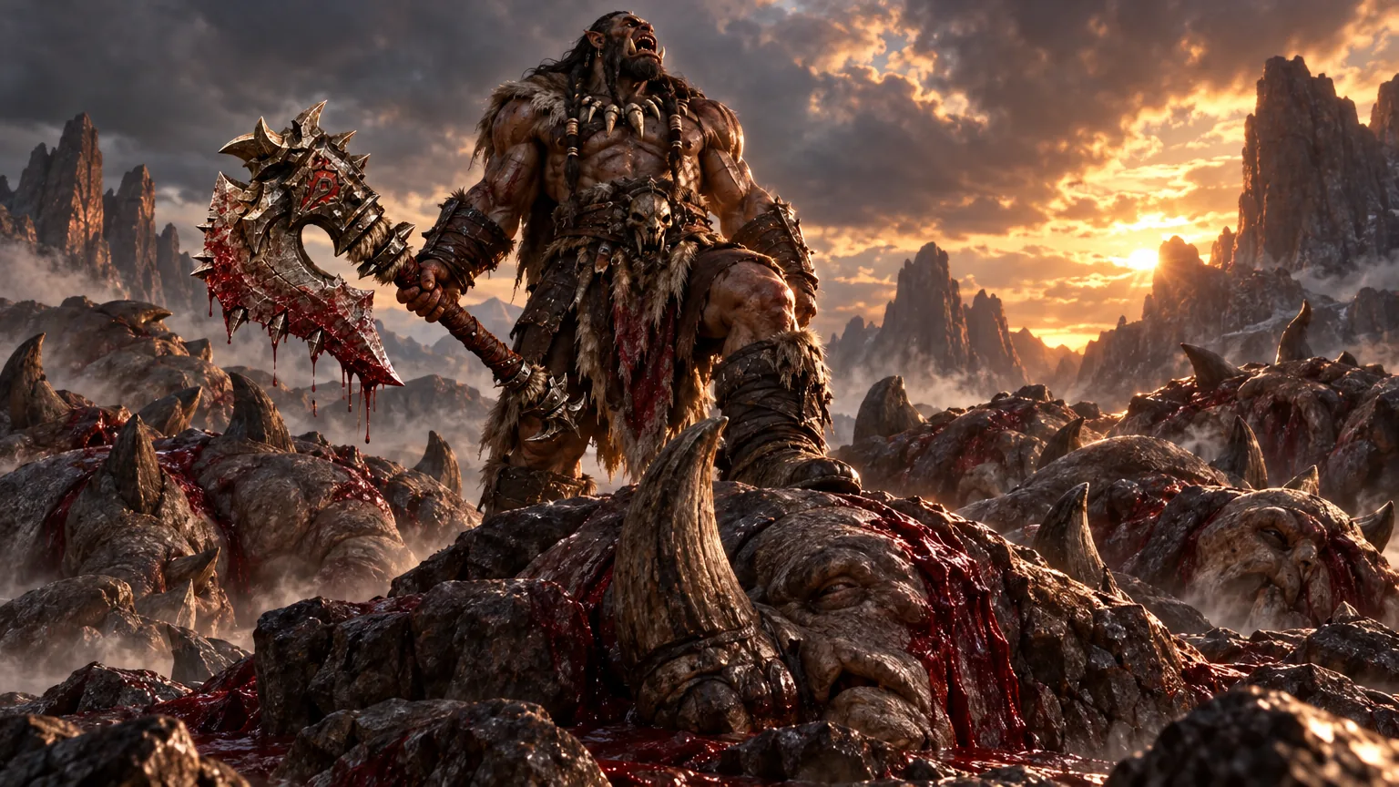 An ancestral Hellscream stands among the legendary gronn slain by Gorehowl