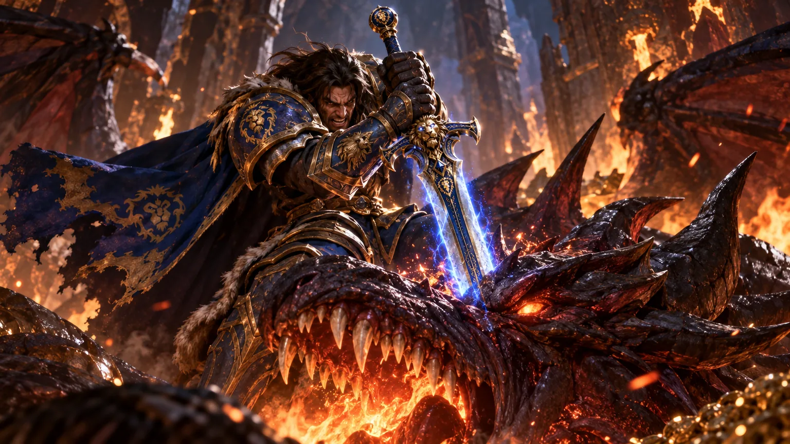 Varian Wrynn drives Shalamayne into a dragon amid fire and ruined stone