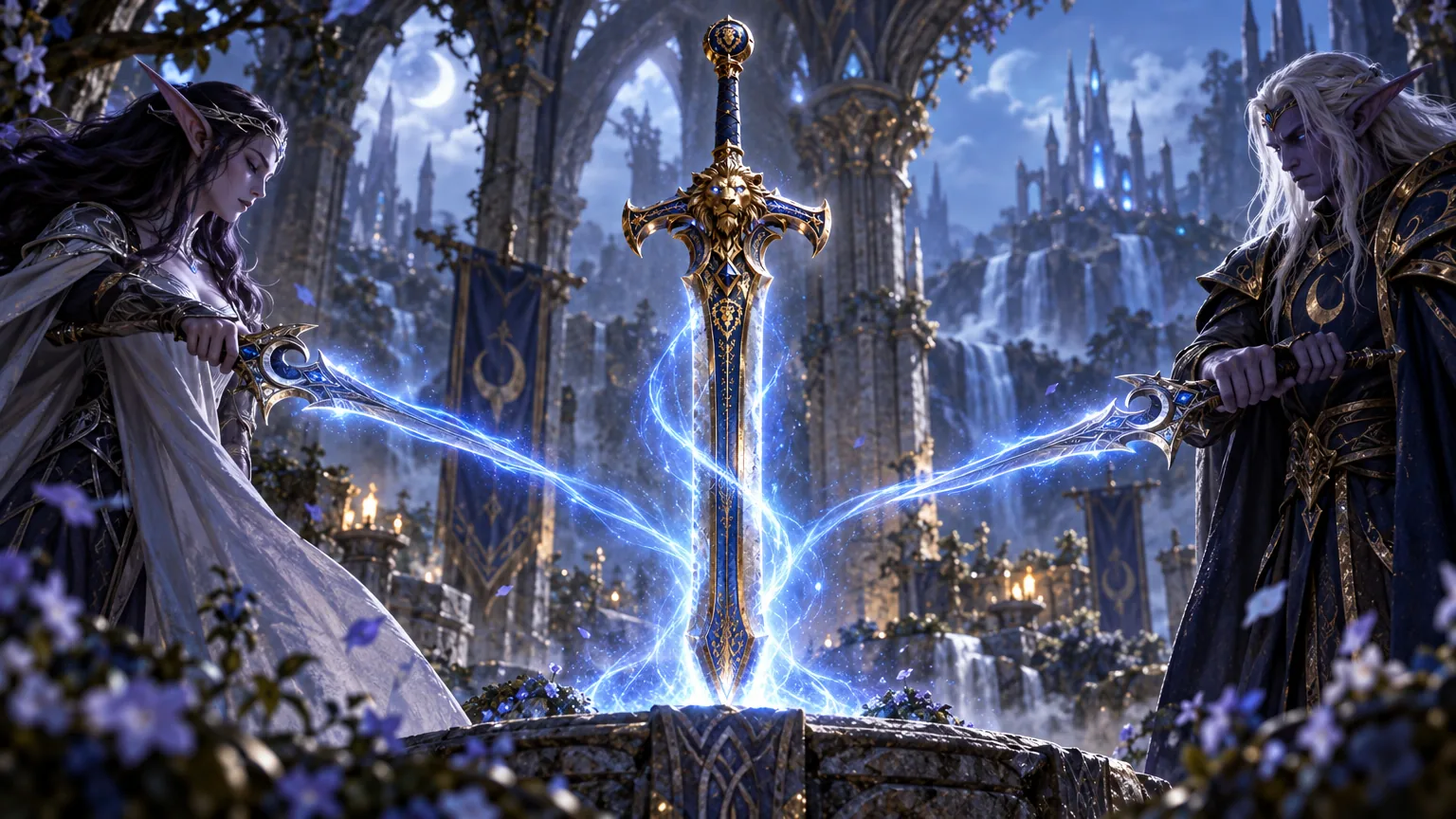 Shalamayne suspended between its paired forms in a moonlit elven court
