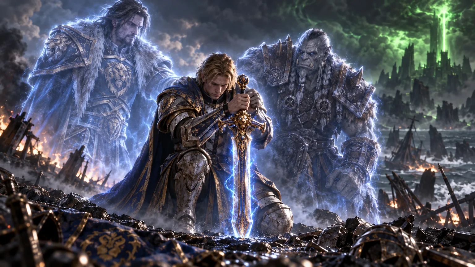 Anduin kneels before Shalamayne as the memories of Varian and Saurfang stand beside him