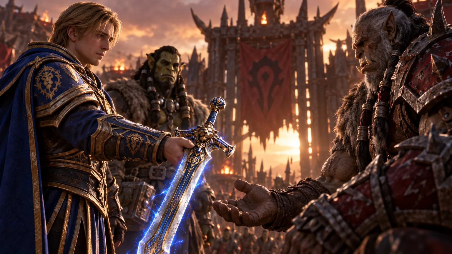Anduin offers Shalamayne to Varok Saurfang before the gates of Orgrimmar