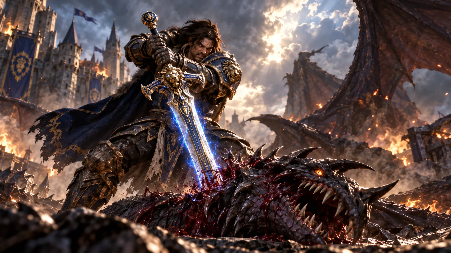Varian Wrynn raises a blue-and-gold blade over a fallen dragon