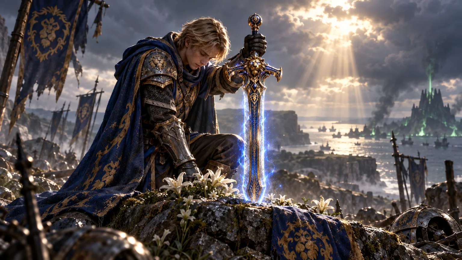 Anduin Wrynn kneels beside Shalamayne at a battlefield memorial