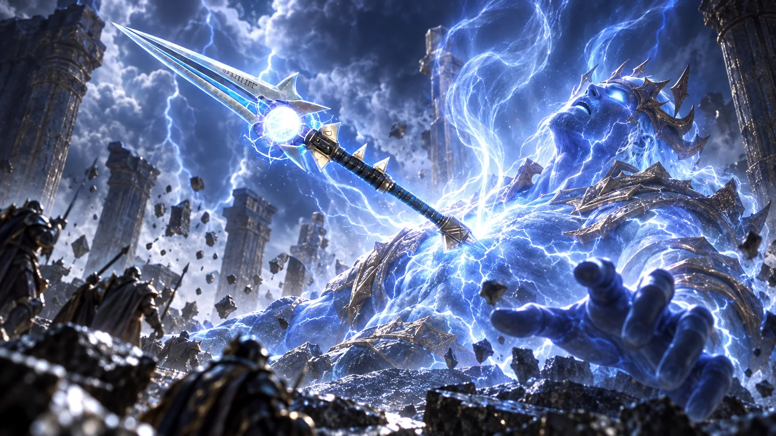 Thunderaan surges from a shattered stone battlefield as Thunderfury crackles with lightning