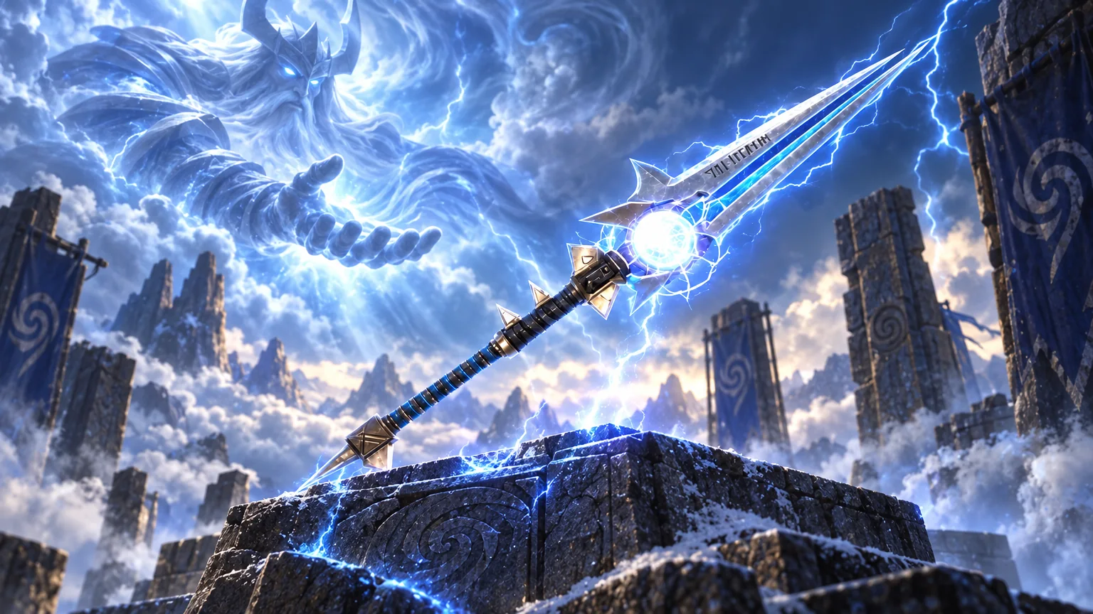 Thunderfury rests on a stone altar while the restored Windlord reaches through the storm