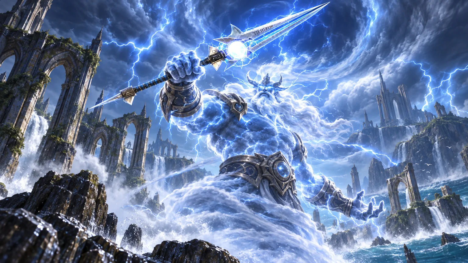 The storm giant Thunderaan reaches for Thunderfury above the shattered reaches of Skywall
