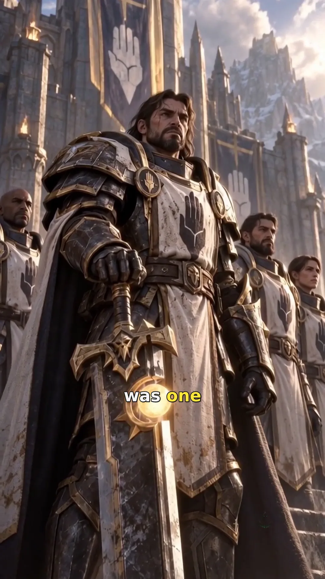Alexandros Mograine stands with paladins of the Silver Hand before a mountain citadel