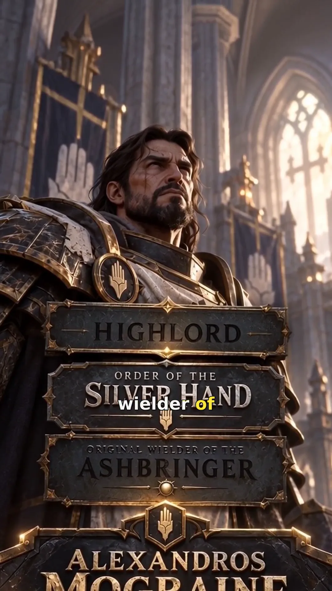 Alexandros Mograine in Silver Hand armour inside a sunlit cathedral