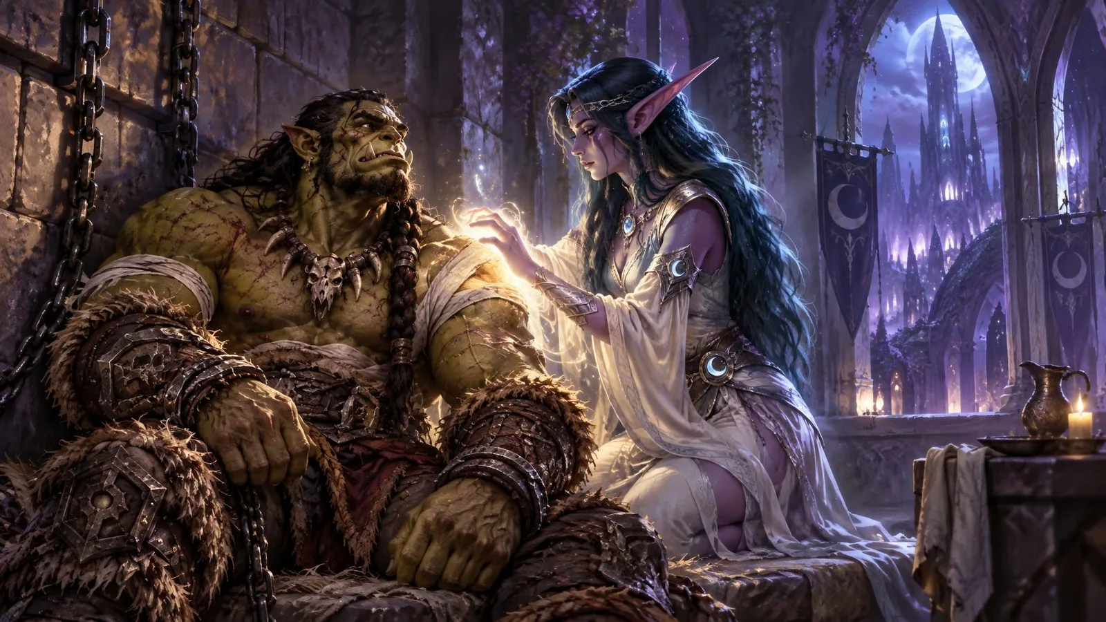 The young priestess Tyrande Whisperwind heals the captive Broxigar in a cell in Suramar