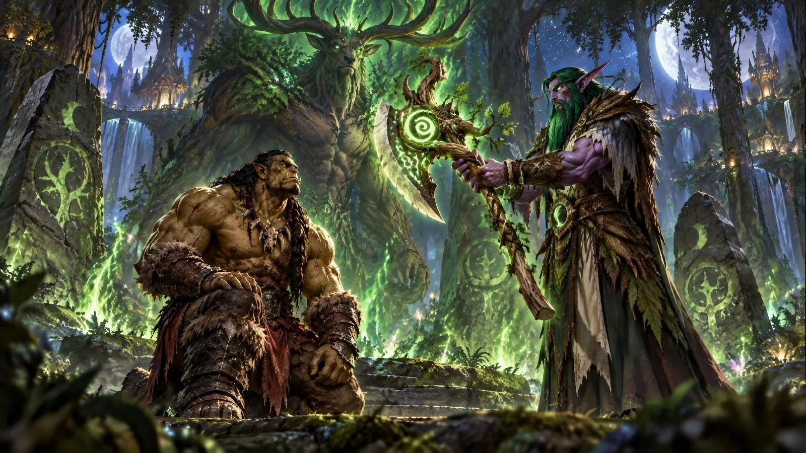 Malfurion presents the wooden Axe of Cenarius to Broxigar as Cenarius watches
