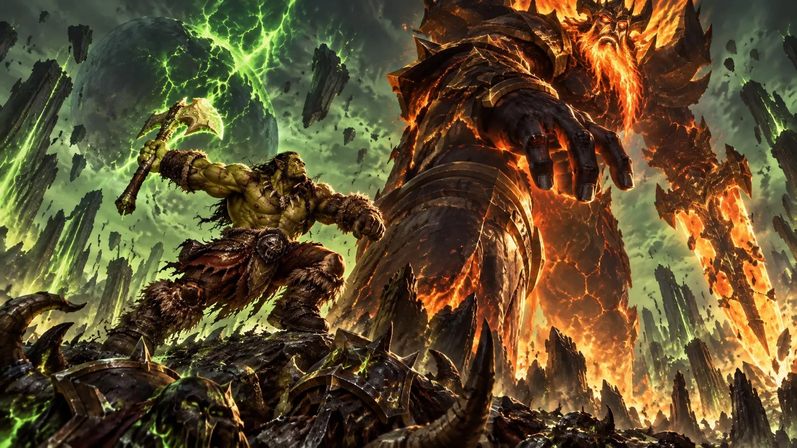Broxigar, on a mountain of defeated demons, leaps to strike the leg of Sargeras on Argus