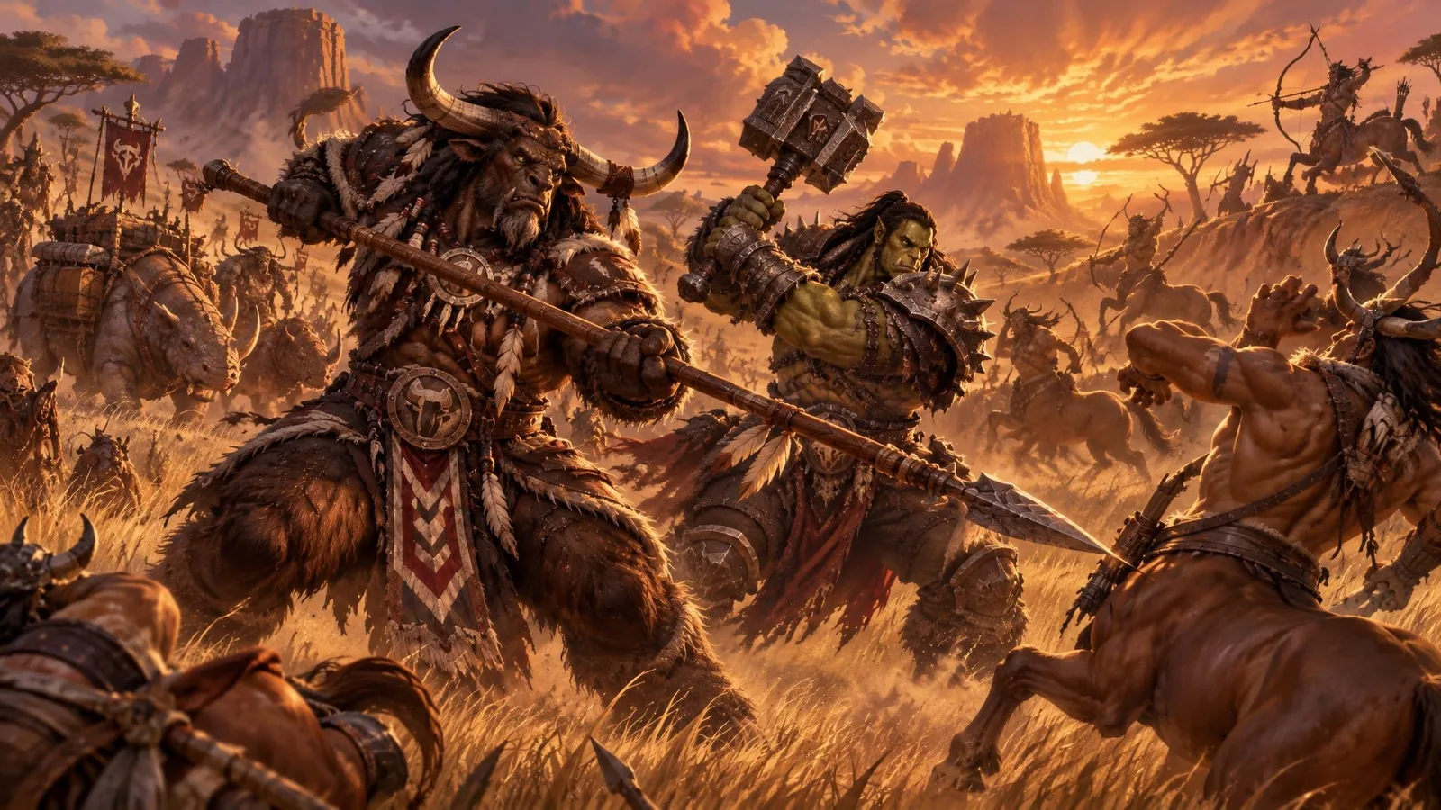 Cairne Bloodhoof and young Thrall defend a tauren kodo caravan from centaur raiders in the golden grass of the Barrens at sunset