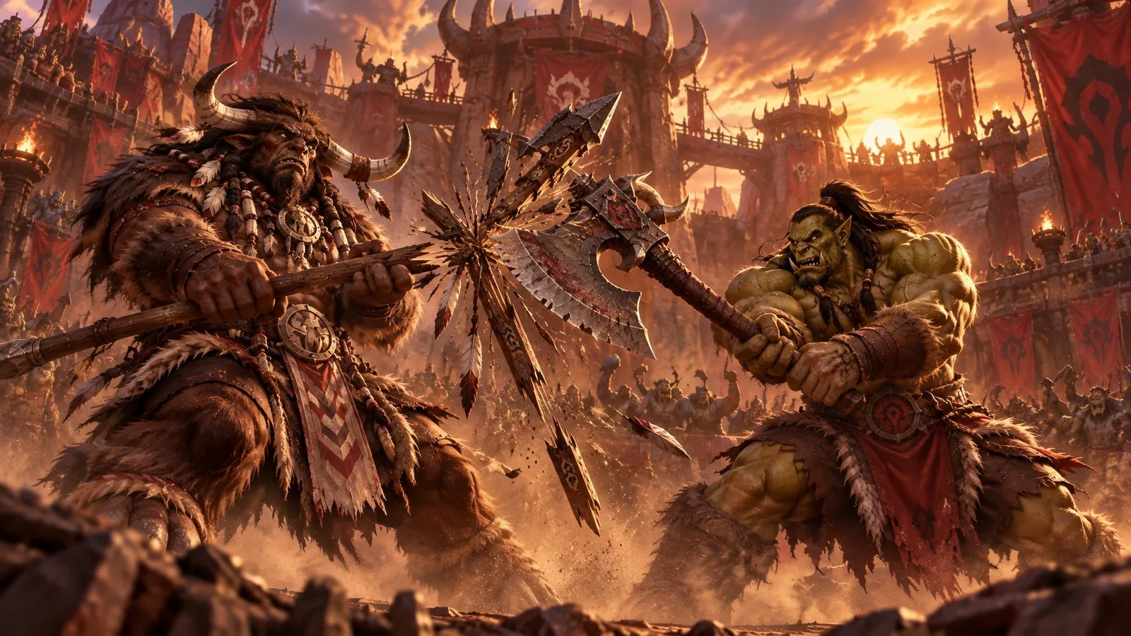 Cairne Bloodhoof's runespear shatters against Garrosh Hellscream's axe Gorehowl during their mak'gora in the arena of Orgrimmar under a red sky