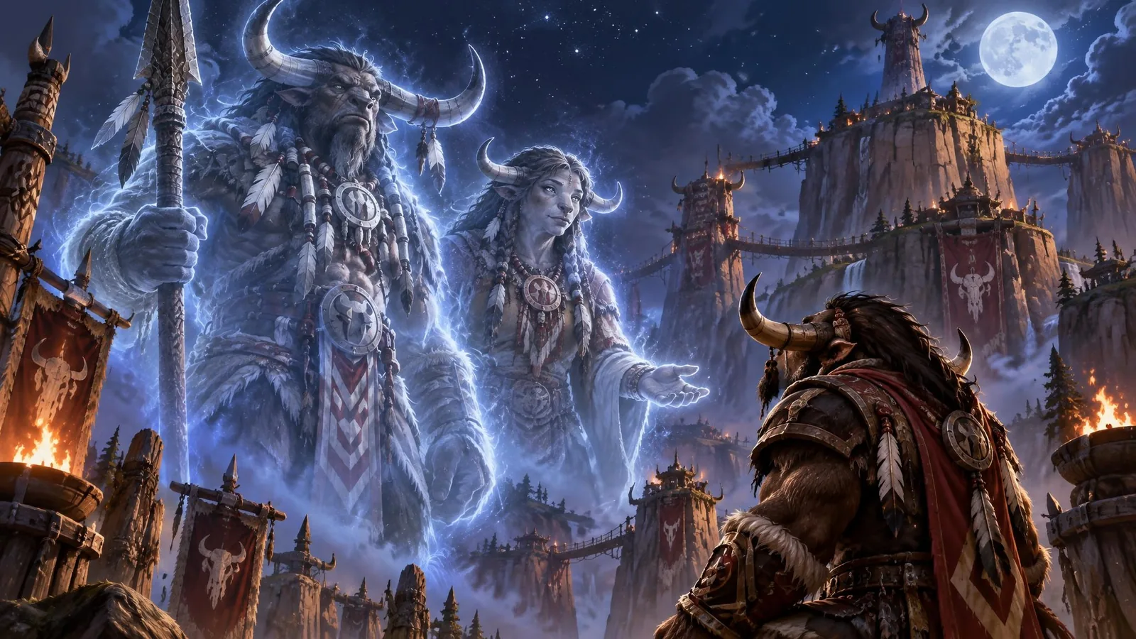 The glowing spirits of Cairne Bloodhoof and Tamaala appear before their son Baine on a moonlit night in Thunder Bluff