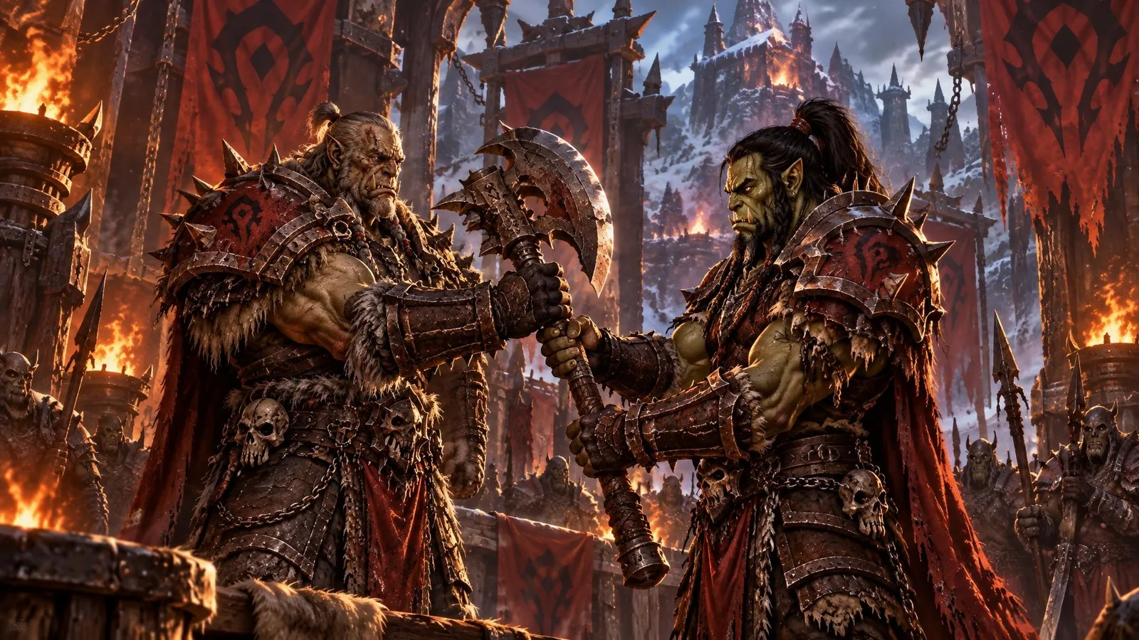 Varok Saurfang hands his own battle axe to his son Dranosh
