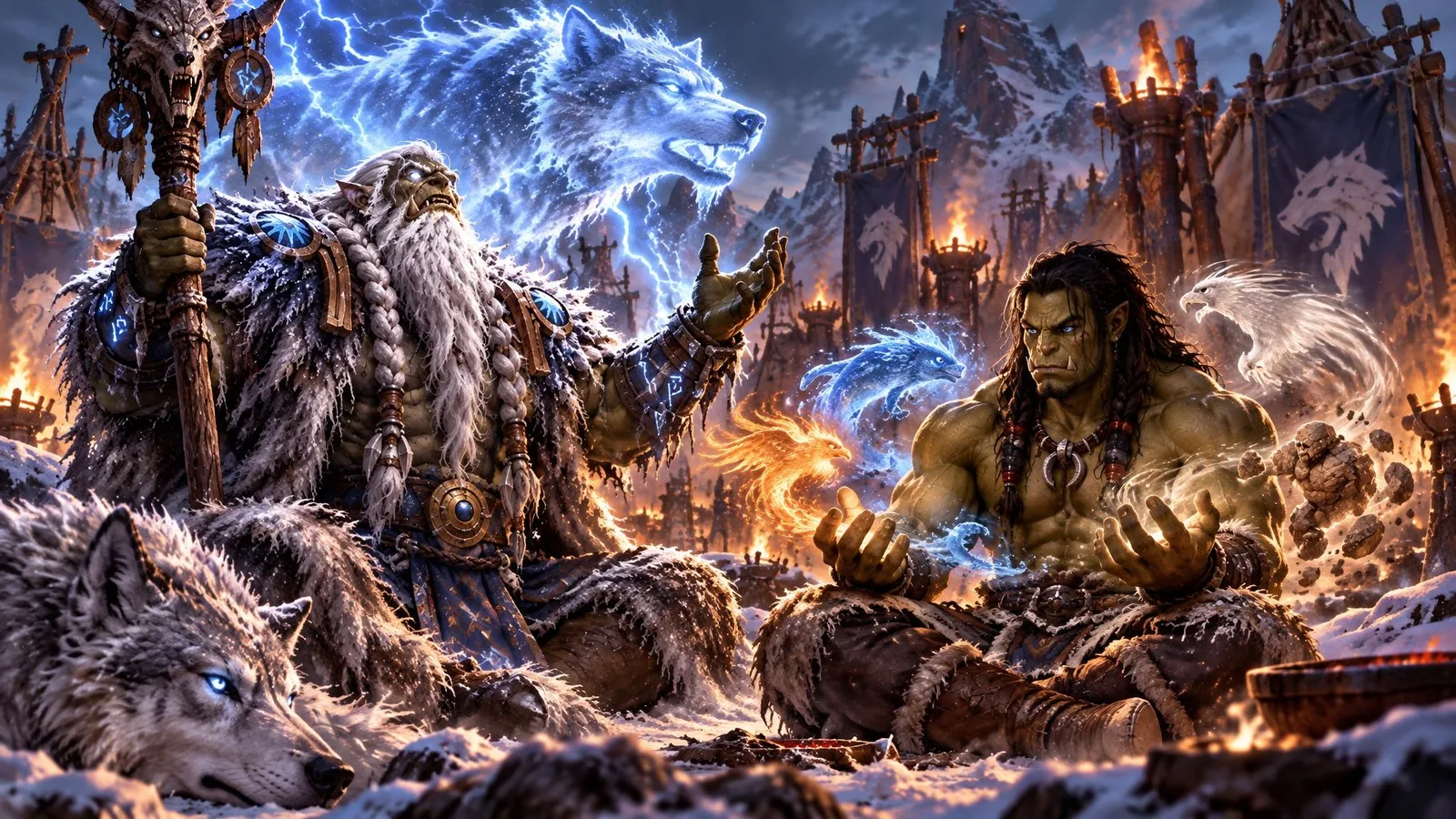 The blind shaman Drek'Thar teaches young Thrall to commune with the elements in the Frostwolf camp