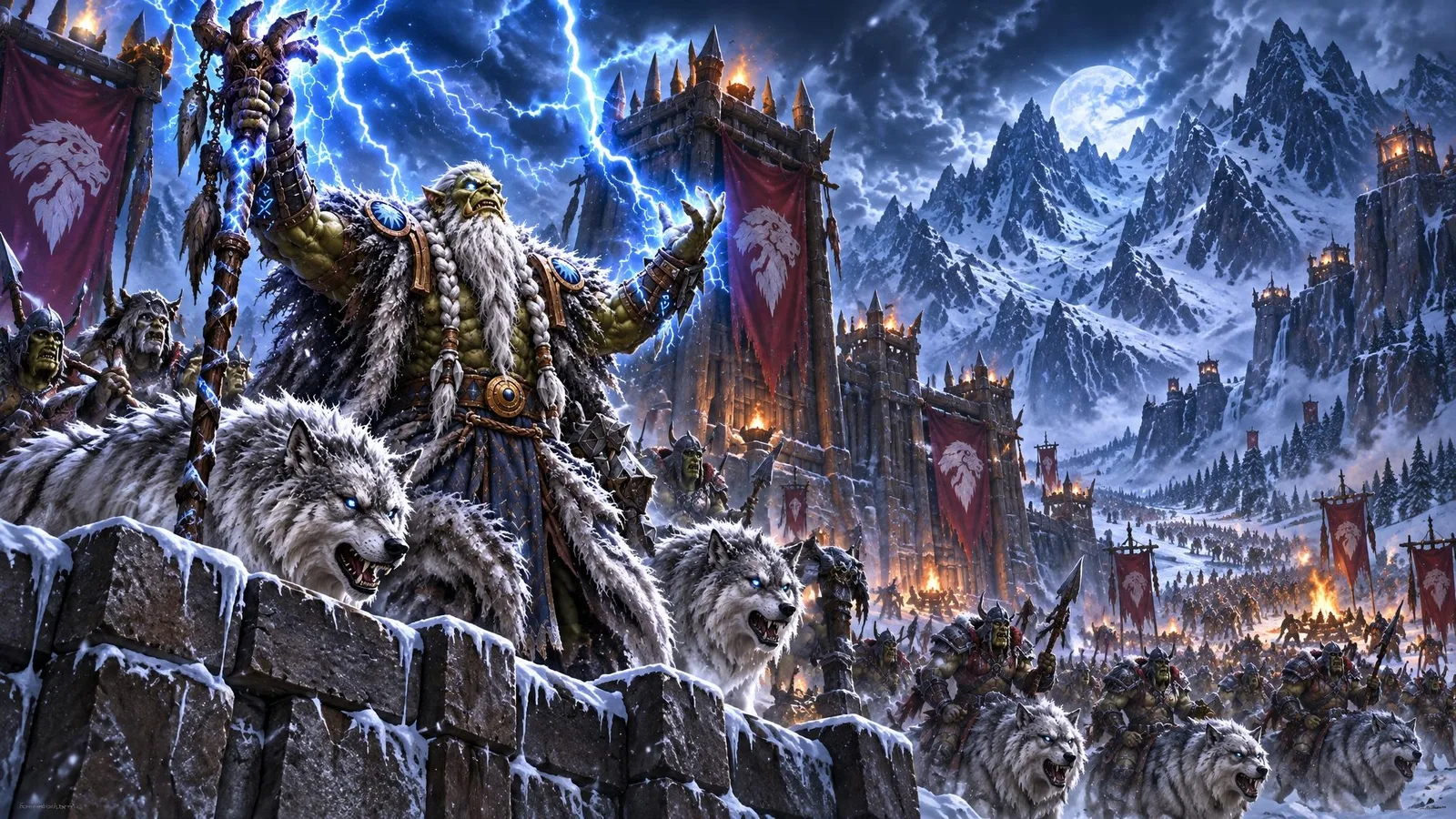 Drek'Thar on the battlements of Frostwolf Keep in Alterac Valley as lightning crackles over the mountains
