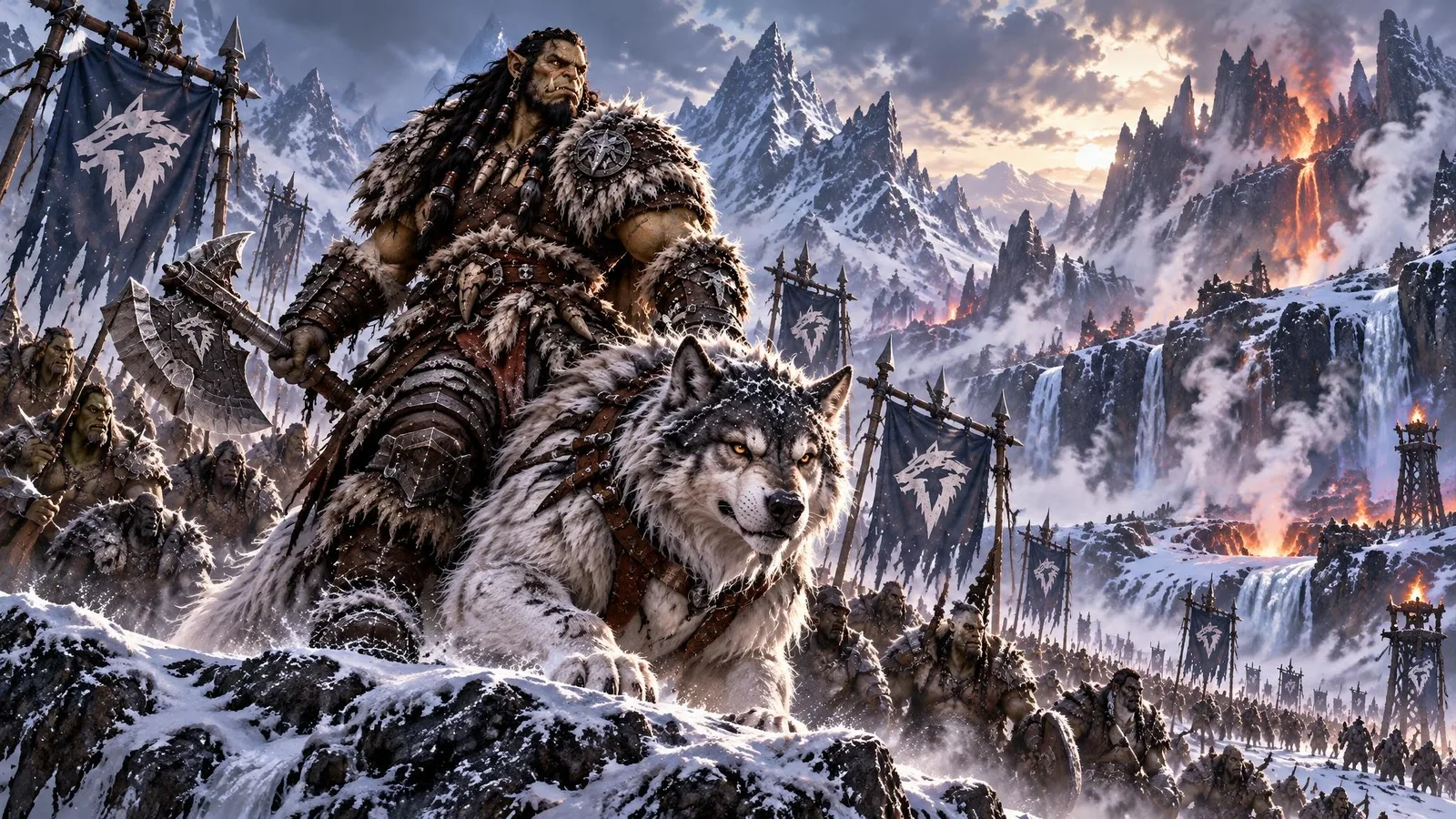Durotan leads the Frostwolf clan across Frostfire Ridge on his great white wolf