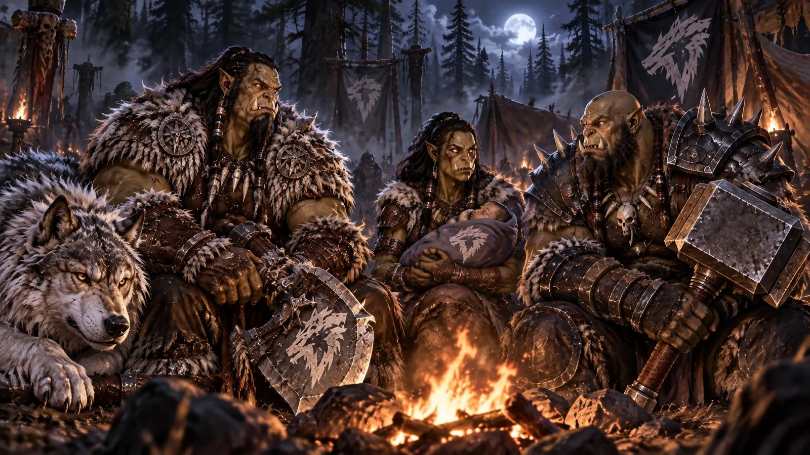 Durotan, at the campfire with Orgrim Doomhammer, as Draka holds their son