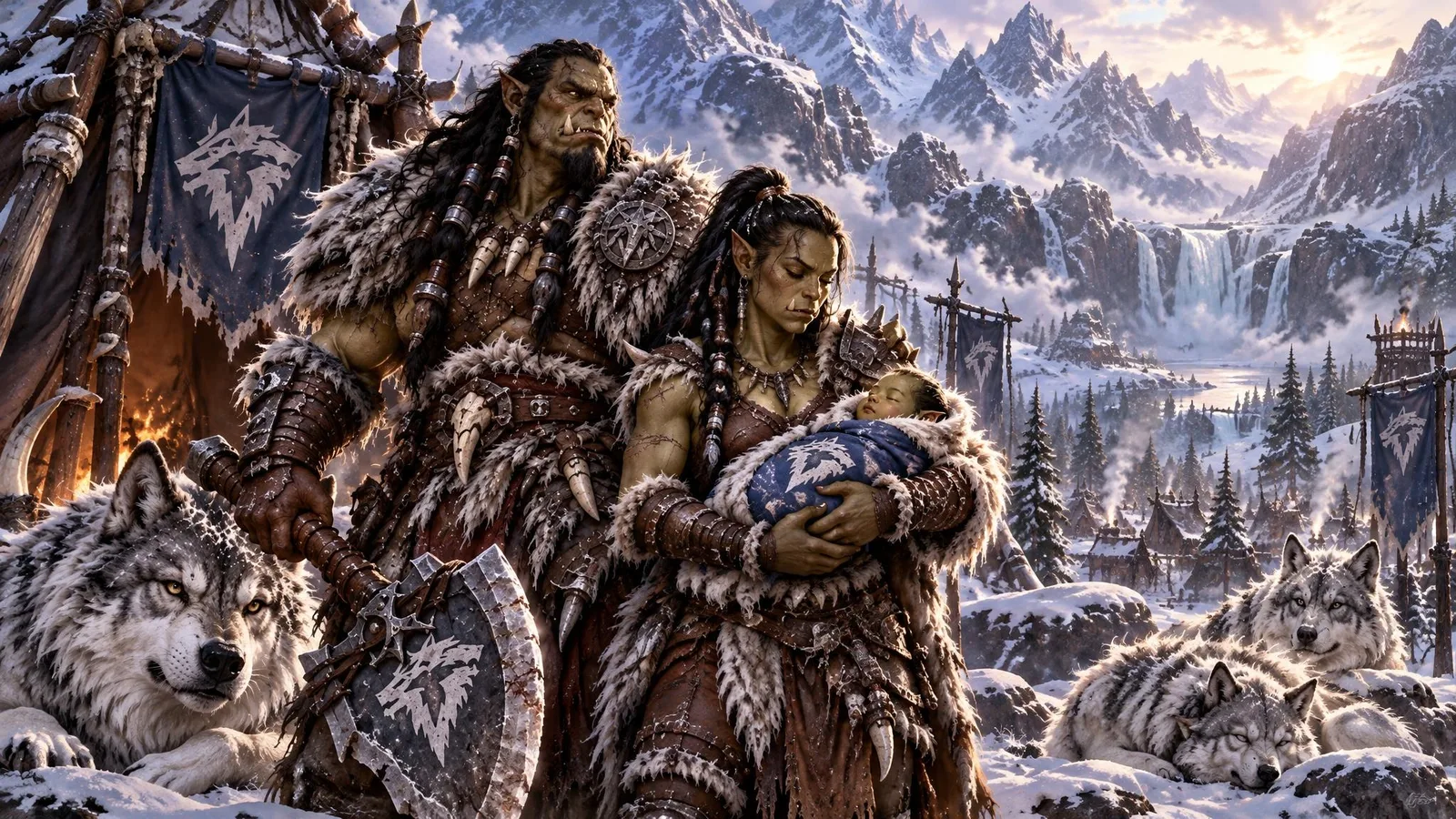 Durotan and Draka with their newborn son Go'el in a hidden valley of the Alterac Mountains