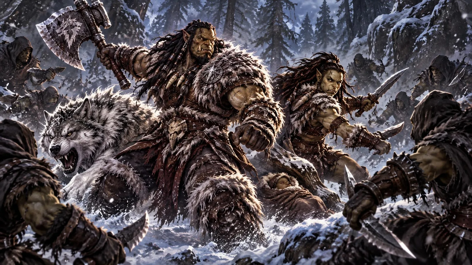 Durotan and Draka fight back to back against hooded assassins, protecting their baby in the snow