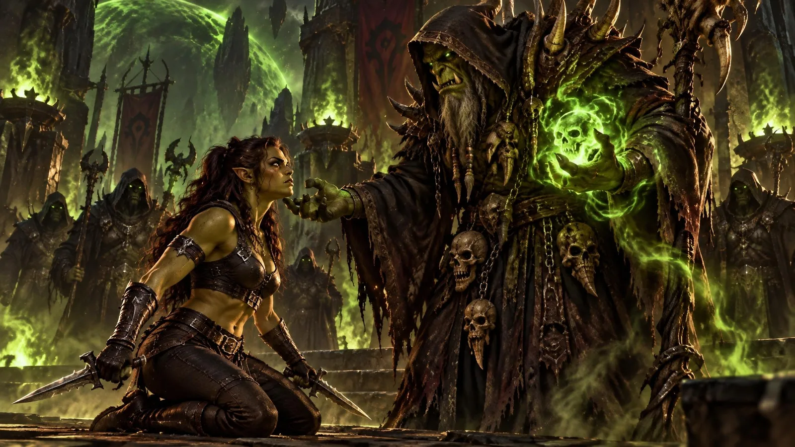 Garona in the shadows before Gul'dan and the Shadow Council, the Kingslayer daggers in her hands