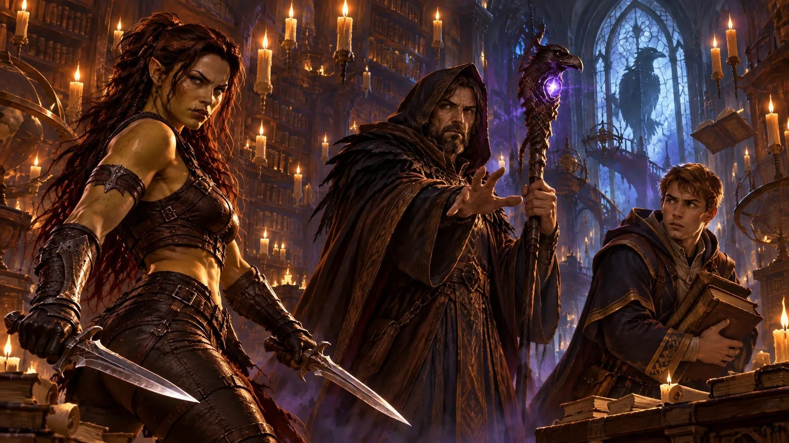 Garona and Khadgar in Medivh's library in Karazhan as a vision of the past glows between them