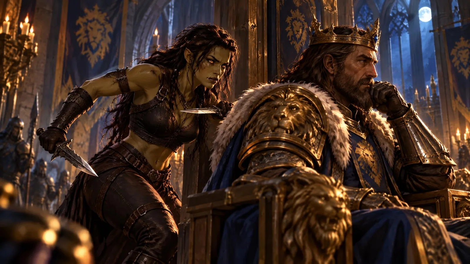 Garona in the throne room of Stormwind, daggers drawn, tears on her face before King Llane