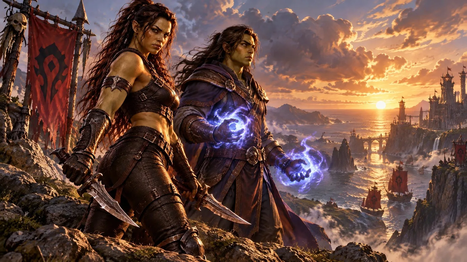 Garona, older and free, with her son Med'an on a cliff above the sea at dawn