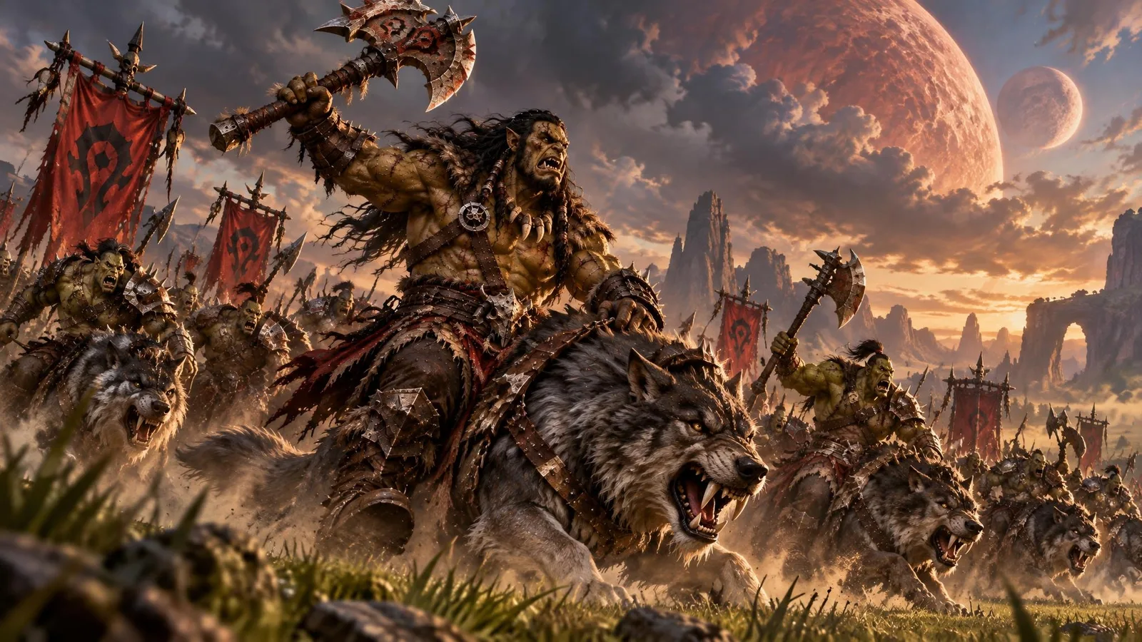 Grom Hellscream leads the Warsong wolf riders into battle on the plains of Draenor