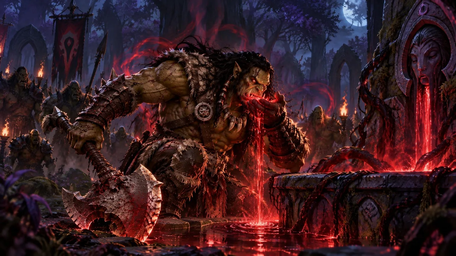 Grom Hellscream drinks from the corrupted fountain of Mannoroth's blood in Ashenvale, his eyes turning red