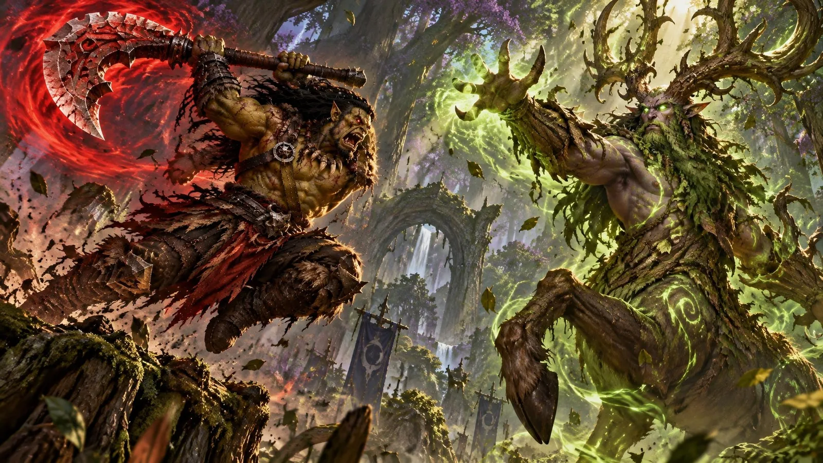 Grom Hellscream, eyes burning red, leaps at the demigod Cenarius in the forests of Ashenvale